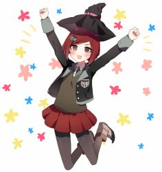 Rule 34 | 10s, 1girl, :3, blush, brown hair, clenched hands, danganronpa (series), full body, hair ornament, hairclip, hat, jumping, danganronpa v3: killing harmony, open mouth, outstretched arms, pantyhose, pleated skirt, red eyes, school uniform, short hair, skirt, smile, solo, witch hat, yumeno himiko, yuyupo