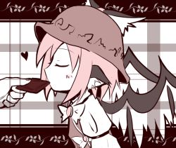 Rule 34 | 1girl, animal ears, chocolate, closed eyes, giwa, hat, heart, monochrome, mouth hold, mystia lorelei, pink hair, sepia, short hair, solo, spot color, touhou, wings
