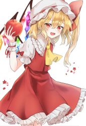 Rule 34 | 1girl, apple, ascot, bad hand, blonde hair, bow, crystal, fang, flandre scarlet, flower, food, frilled shirt, frilled shirt collar, frilled skirt, frilled sleeves, frills, fruit, hat, hat ribbon, highres, holding, holding food, medium hair, mob cap, one side up, puffy short sleeves, puffy sleeves, red bow, red eyes, red ribbon, red skirt, red vest, ribbon, shinonome (ichigotsuki), shirt, short hair, short sleeves, siblings, side ponytail, skirt, smile, touhou, vest, white shirt, wings, yellow ascot
