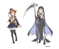 Rule 34 | 2girls, annette fantine dominic, black cape, black choker, black dress, black footwear, black nails, black skirt, black sleeves, blue eyes, boots, bow, bustier, cape, chain, choker, closed mouth, detached sleeves, dress, fire emblem, fire emblem: three houses, full body, hair ornament, hair over shoulder, hat, hat bow, highres, holding, holding scythe, hood, hood up, hooded, layered skirt, long dress, long hair, long sleeves, looking at viewer, low twintails, mercedes von martritz, miniskirt, moja (rainpoow), multiple girls, nail polish, nintendo, orange hair, pleated skirt, scythe, short hair, short twintails, side slit, silver hair, simple background, skirt, skull hair ornament, sleeveless, sleeveless dress, smile, tattoo, thigh boots, thighhighs, twintails, twitter username, white background, witch hat, yellow bow, zettai ryouiki