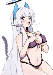 Rule 34 | 1girl, absurdres, alternate costume, animal ears, blue archive, bra, breasts, cat ears, cat tail, commentary, fake animal ears, halo, headphones, highres, large breasts, long hair, looking at viewer, navel, noa (blue archive), ocha (popopogg), panties, simple background, solo, tail, translated, underwear, underwear only, white background