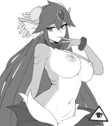 Rule 34 | 1girl, bracelet, breasts, colored skin, cowboy shot, donburi (donburikazoku), finger to mouth, fins, forehead jewel, giga mermaid, green skin, greyscale, head fins, highres, jewelry, large breasts, long hair, looking at viewer, mermaid, monochrome, monster girl, naughty face, navel, nipples, nude, pointy ears, shantae (series), simple background, smile, solo, stomach, tongue, tongue out, very long hair