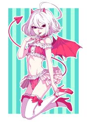 Rule 34 | 1boy, absurdres, ahoge, androgynous, bat wings, bikini, bulge, collar, criss-cross halter, crop top, crossdressing, demon boy, demon horns, demon tail, fang, finger to mouth, frilled bikini, frills, full body, halterneck, hand up, high heels, highres, horns, huge ahoge, looking at viewer, medium hair, navel, ohayousan 084, open mouth, original, outline, overskirt, pink bikini, pink nails, pointy ears, smile, solo, striped, striped background, swimsuit, tail, thighhighs, trap, white hair, white outline, wings