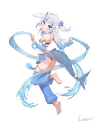 Rule 34 | 1girl, ass, barefoot, blue bra, blue eyes, blue hair, blue ribbon, blue skirt, blue sleeves, bra, commentary request, dancer, detached sleeves, feet, fins, fish tail, from behind, gawr gura, grey hair, grin, hair ornament, highres, hirotaka0125, hololive, hololive english, leg warmers, long hair, looking at viewer, looking back, micro bra, microskirt, multicolored hair, revealing clothes, revision, ribbon, shark girl, shark tail, sharp teeth, signature, simple background, skirt, smile, soles, solo, streaked hair, tail, teeth, toes, two side up, underwear, virtual youtuber, water, white background