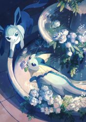 Rule 34 | closed mouth, commentary request, creatures (company), eko (wk egg), flower, fountain, from above, game freak, gen 1 pokemon, gen 4 pokemon, glaceon, highres, mouth hold, nintendo, no humans, outdoors, pokemon, pokemon (creature), signature, smile, standing, vaporeon, wading, water, white flower