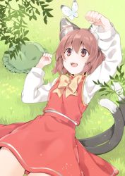 Rule 34 | 1girl, :d, ahoge, akagashi hagane, animal, animal ears, arm up, bow, bowtie, brown eyes, brown hair, bug, butterfly, cat ears, cat tail, chen, clenched hands, dot nose, eyelashes, fangs, fingernails, frilled hat, frills, grass, green hat, hair between eyes, hat, insect, long sleeves, looking up, lying, mob cap, multiple tails, neck ribbon, on back, open mouth, outdoors, paw pose, plant, red shirt, red skirt, ribbon, sanpaku, shirt, short hair, skirt, skirt set, sleeveless, sleeveless shirt, smile, tail, tareme, touhou, two tails, unworn hat, unworn headwear, white shirt, yellow bow, yellow ribbon
