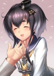 Rule 34 | 10s, 1boy, 1girl, anchor, black hair, closed eyes, dress, gradient background, highres, kantai collection, open mouth, sailor dress, school uniform, scratching, short hair, short hair with long locks, sigm@, smile, solo focus, tokitsukaze (kancolle)