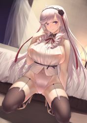 Rule 34 | 1girl, ahoge, algerie (azur lane), azur lane, bare arms, bare shoulders, bed, black thighhighs, breasts, closed mouth, covered navel, crop top, drill hair, fine fabric emphasis, floating hair, garter straps, gluteal fold, hand up, high heels, highres, indoors, itaco, kneeling, large breasts, leotard, long hair, looking at viewer, mole, mole under eye, panties, purple eyes, shirt, sideboob, silver hair, skindentation, sleeveless, sleeveless shirt, smile, solo, spread legs, squatting, string panties, thighhighs, thighs, twin drills, underwear, very long hair, white leotard, white panties, white shirt