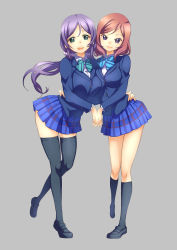 Rule 34 | 10s, 2girls, black socks, blazer, blush, bow, breasts, green eyes, hair bow, hands on own hips, highres, interlocked fingers, jacket, kawagoe pochi, kneehighs, large breasts, loafers, long hair, looking at viewer, love live!, love live! school idol project, multiple girls, nishikino maki, open mouth, purple eyes, purple hair, red eyes, school uniform, shoes, short hair, skirt, smile, socks, thighhighs, tojo nozomi, twintails