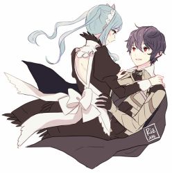 Rule 34 | 1boy, 1girl, 2016, alternate hairstyle, armor, back, backless dress, backless outfit, black gloves, black hair, blue hair, blush, cape, closed mouth, commentary, corrin (fire emblem), corrin (male) (fire emblem), corrin (male) (fire emblem), dinikee, dress, english commentary, fire emblem, fire emblem fates, flora (fire emblem), gloves, grey eyes, hand on another&#039;s hip, hand on another&#039;s shoulder, hetero, looking at another, maid, maid headdress, nintendo, pointy ears, red eyes, signature, simple background, smile, twintails, white background