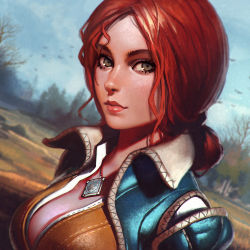 Rule 34 | 1girl, breasts, brown eyes, cleavage, hair bun, ilya kuvshinov, jewelry, lips, long hair, looking at viewer, necklace, realistic, red hair, single hair bun, smile, solo, the witcher (series), the witcher 3, triss merigold, upper body