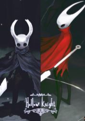 Rule 34 | absurdres, cape, copyright name, highres, hollow knight, hornet (hollow knight), jun (navigavi), knight (hollow knight), mask, no humans, sword, weapon
