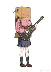 Rule 34 | 1girl, artist name, black socks, bocchi the rock!, box, breasts, brown footwear, cardboard box, cube hair ornament, electric guitar, full body, gibson les paul, gotoh hitori, grey skirt, guitar, hair ornament, hashtag-only commentary, highres, holding, holding guitar, holding instrument, instrument, jacket, karasawa miko, large breasts, loafers, long sleeves, one side up, pink hair, pink jacket, pink track suit, pleated skirt, shoes, skirt, socks, solo, standing, track jacket, twitter username