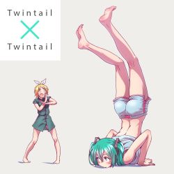 Rule 34 | 2girls, ass, barefoot, blonde hair, blush, chest stand, crossed arms, feet, green hair, hair ornament, hair ribbon, handstand, hatsune miku, highres, kagamine rin, legs, long hair, looking away, midriff, multiple girls, open mouth, ribbon, short hair, shorts, soles, toes, twin tail (ultra series), twintails, ultra series, vocaloid, wokada