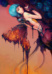 Rule 34 | 1girl, backless dress, backless outfit, blue hair, butterfly wings, dress, dying, fairy, fairy wings, fingerless gloves, flower, gloves, insect wings, jewelry, original, patipat asavasena, patipatasavasena, ring, rose, sad, short hair, solo, tattoo, wings, yellow eyes
