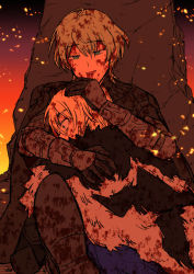 Rule 34 | 2boys, armor, black cape, blonde hair, blood, blood in hair, blood on face, byleth (fire emblem), byleth (male) (fire emblem), cape, dimitri alexandre blaiddyd, eyepatch, fire emblem, fire emblem: three houses, from behind, greaves, green eyes, green hair, hand on another&#039;s head, highres, hug, kusodekablack, medium hair, multiple boys, nintendo, open mouth, short hair, simple background, upper body