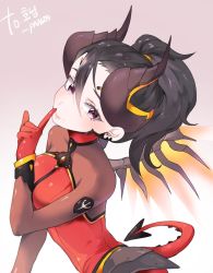 Rule 34 | 1girl, alternate eye color, alternate hair color, armor, artist name, bad id, bad twitter id, black hair, bodysuit, breasts, closed mouth, dark persona, demon girl, demon horns, demon tail, devil mercy, facial mark, faulds, finger to mouth, forehead mark, gloves, hair ornament, hair tie, hand to own mouth, hand up, high ponytail, horns, leotard, lips, long sleeves, looking at viewer, mechanical wings, medium breasts, mercy (overwatch), official alternate costume, overwatch, overwatch 1, panza, pink lips, ponytail, purple eyes, red gloves, red leotard, short hair, shushing, solo, tail, turtleneck, upper body, wings