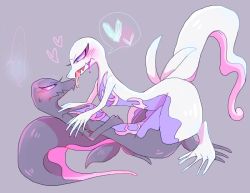 Rule 34 | 2girls, artist request, black eyes, blush, couple, eye contact, gen 7 pokemon, girl on top, grey background, heart, licking, lizard, looking at another, multiple girls, nintendo, no humans, pokemon, pokemon sm, salazzle, shiny pokemon, simple background, spoken heart, sweatdrop, tail, tongue, tongue out, yuri