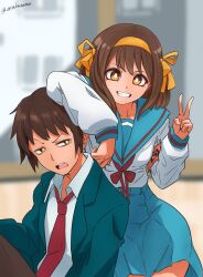 Rule 34 | 1boy, 1girl, absurdres, armband, artist name, blazer, blue sailor collar, blue skirt, bob cut, bright pupils, brown eyes, brown hair, brown pants, commentary, english commentary, green jacket, grin, hair ribbon, hairband, highres, jacket, kita high school uniform, kyon, long sleeves, looking at viewer, medium hair, mixed-language commentary, necktie, open clothes, open jacket, open mouth, pants, paperclip, red armband, red necktie, red ribbon, ribbon, sailor collar, school uniform, serafuku, short hair, skirt, smile, suzumiya haruhi, suzumiya haruhi no yuuutsu, teeth, twitter username, upper teeth only, v, watermark, white pupils, winter uniform, wolkat, yellow hairband, yellow pants