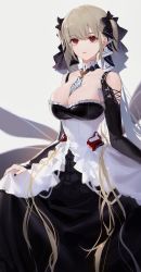 Rule 34 | 1girl, azur lane, bad id, bad twitter id, between breasts, black dress, black nails, blonde hair, breasts, cleavage, closed mouth, detached collar, detached sleeves, dress, fingernails, formidable (azur lane), grey hair, highres, hoojiro, large breasts, long dress, long hair, long sleeves, looking at viewer, nail polish, necktie, necktie between breasts, red eyes, solo, standing, twintails, very long hair, white background