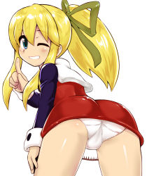 Rule 34 | 1girl, ass, bare legs, blonde hair, blue eyes, blush, capcom, clenched teeth, dress, eyes visible through hair, female focus, from behind, green ribbon, grin, hand up, highres, index finger raised, leaning, leaning forward, legs, long hair, long sleeves, looking at viewer, looking back, m.m, mega man (classic), mega man (series), one eye closed, panties, ponytail, red dress, ribbon, roll (mega man), shiny skin, sidelocks, simple background, smile, solo, teeth, third-party edit, trefoil, underwear, upskirt, white background, white panties, wink