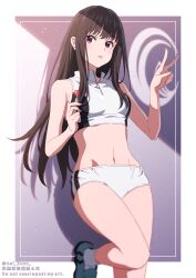 Rule 34 | 1girl, alternate costume, aoi suzu, bare arms, bare shoulders, black hair, border, breasts, candy, commentary request, crop top, english text, food, gym shorts, hands up, highres, holding, holding candy, holding food, holding lollipop, inoue takina, lollipop, long hair, looking at viewer, lycoris recoil, medium breasts, navel, outside border, purple background, purple eyes, shadow, shirt, short shorts, shorts, sidelighting, sidelocks, sleeveless, sleeveless shirt, socks, solo, standing, standing on one leg, stomach, thighs, tongue, tongue out, twitter username, v, white border, white shirt, white shorts, white socks