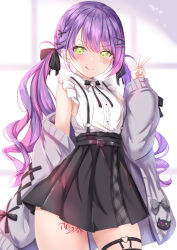 1girl, :q, bangs, black skirt, blush, commentary request, ear piercing, earrings, eyebrows visible through hair, green eyes, grey jacket, hair ornament, hairpin, high-waist skirt, highres, hololive, jacket, jewelry, long hair, long sleeves, multicolored hair, off shoulder, piercing, pink hair, purple hair, shirt, skirt, sleeveless, sleeveless shirt, smile, solo, suspender skirt, suspenders, tokoyami towa, tongue, tongue out, twintails, two-tone hair, v, very long hair, virtual youtuber, white shirt, x hair ornament, yuano