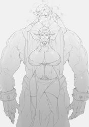 Rule 34 | 1boy, 1girl, breasts, cleavage, earrings, elf, glowing, glowing eyes, greyscale, highres, huge breasts, jewelry, lip piercing, long hair, monochrome, monster, muscular, navel, necklace, nipples, orc, original, pelvic curtain, piercing, pointy ears, potionaholic, pubic tattoo, sketch, smile, tall, tattoo, tiara, tusks, veins