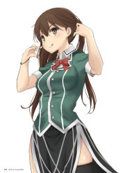 Rule 34 | 1girl, brown hair, commentary request, cowboy shot, green shirt, hair between eyes, hair ribbon, highres, jacket, kantai collection, long hair, looking at viewer, military, military uniform, pelvic curtain, red neckwear, ribbon, shirt, side slit, simple background, solo, timato, tone (kancolle), tone kai ni (kancolle), twintails, uniform, white background