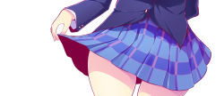 Rule 34 | 10s, 1girl, arm behind back, blazer, business card, close-up, clothes lift, commentary, head out of frame, jacket, love live!, love live! school idol project, maullarmaullar, plaid, plaid skirt, pleated skirt, pov, pov crotch, school uniform, skirt, skirt lift, solo, white background