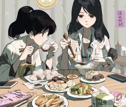Rule 34 | 2girls, black hair, blowing, brown eyes, chopsticks, closed mouth, dumpling, eating, expressionless, food, hands up, highres, holding, holding chopsticks, holding spoon, indoors, jacket, jewelry, long hair, long sleeves, meat, multiple girls, necklace, original, parted lips, plate, ponytail, sitting, soup, spoon, tennohi, tissue box, white jacket