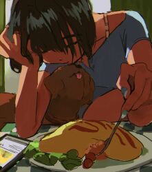 Rule 34 | 1girl, blue shirt, bra strap, brown hair, cellphone, cherry tomato, closed eyes, commentary request, dog, food, highres, holding, holding spoon, ketchup, lettuce, myango (applemangocrape), omelet, omurice, original, phone, plate, shirt, short hair, short sleeves, solo, spoon, tomato, tongue, upper body