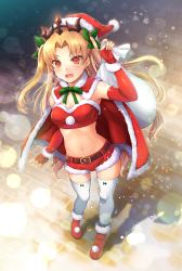 Rule 34 | 1girl, absurdres, bandeau, belt, blonde hair, blush, boots, breasts, cape, christmas, cleavage, earrings, elbow gloves, ereshkigal (fate), fate/grand order, fate (series), fingerless gloves, gloves, green ribbon, hat, highres, hip focus, hoop earrings, huge filesize, infinity symbol, jewelry, legs, long hair, looking at viewer, medium breasts, navel, open mouth, over shoulder, parted bangs, red cape, red eyes, red footwear, red gloves, red shorts, ribbon, sack, samoore, santa hat, shorts, solo, thighhighs, tiara, two side up, white thighhighs