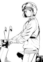 Rule 34 | 1girl, absurdres, bicycle, blunt bangs, blush, commentary, fanny pack, fuyuno kamome, gloves, goggles, goggles on headwear, greyscale, highres, honda super cub, jacket, koguma (super cub), long sleeves, looking at viewer, monochrome, motor vehicle, motorcycle, pants, short hair, super cub, sweatsuit, track jacket, track pants, track suit