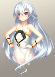 Rule 34 | 1girl, absurdres, ar nosurge, bare shoulders, blue eyes, blush, bracer, braid, cowboy shot, cropped legs, dress, flat chest, french braid, frown, gradient background, grey background, hair between eyes, half updo, hands on own hips, highres, long hair, looking at viewer, ntny, ribbon, shurelia (ar tonelico), silver hair, simple background, solo, sundress, surge concerto, very long hair, white dress