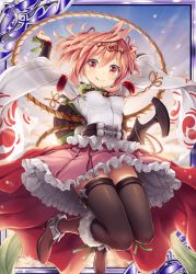 Rule 34 | 1girl, akkijin, amulet, blue sky, boots, card (medium), frilled skirt, frills, japanese clothes, jewelry, jumping, looking at viewer, orange hair, red eyes, shinkai no valkyrie, short hair, skirt, sky, solo, sunrise, thighhighs, tiara, tongue, tongue out, weapon