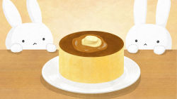 Rule 34 | :&lt;, animal, animal focus, rabbit, butter, candy, food, food focus, hand on table, highres, looking at food, maple syrup, no humans, original, pancake, plate, sweets, table, totoyoyosusu, wooden table