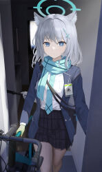 Rule 34 | 1girl, absurdres, animal ears, bag, bicycle, black skirt, blue archive, blue eyes, blue halo, blue jacket, blue scarf, closed mouth, cropped legs, cross hair ornament, expressionless, gloves, green gloves, grey hair, hair ornament, halo, highres, jacket, long hair, looking at viewer, mismatched pupils, open clothes, open jacket, opening door, plaid, plaid skirt, pleated skirt, scarf, school uniform, shiroko (blue archive), shirt, skirt, solo, sunj000, white shirt, wolf ears
