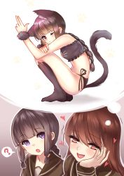 Rule 34 | 10s, 2girls, :o, ?, animal ears, bad id, bad pixiv id, black eyes, black hair, bra, braid, brown eyes, brown hair, cat ears, cat lingerie, cat tail, extra ears, female pervert, finger gun, from side, hand on own cheek, hand on own face, heart, heart-shaped pupils, highres, imagining, kantai collection, kemonomimi mode, kitakami (kancolle), long hair, meaomao, meme attire, multiple girls, no shoes, one eye closed, ooi (kancolle), panties, paw print, pervert, school uniform, serafuku, side-tie panties, spoken question mark, squatting, symbol-shaped pupils, tail, thought bubble, underwear, wrist cuffs