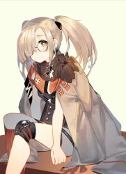 Rule 34 | 1girl, cape, closed mouth, coat, cross, freckles, girls&#039; frontline, glasses, grey eyes, grey hair, hair ornament, hair over one eye, hk21 (girls&#039; frontline), knee pads, long hair, looking at viewer, mania (fd6060 60), round eyewear, scarf, simple background, sitting, sleeveless, smile, solo, strap, thigh strap, twintails, white background
