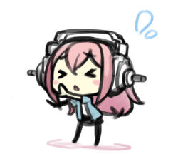 Rule 34 | &gt; &lt;, blush stickers, chibi, closed eyes, flying sweatdrops, headphones, long hair, looking at viewer, lowres, minoa (lastswallow), nitroplus, open mouth, pink hair, solo, super sonico, waving arms