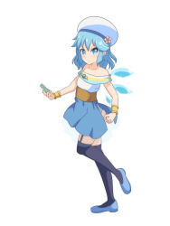 Rule 34 | 1girl, arms up, bare arms, bare shoulders, blue eyes, blue footwear, blue hair, blue panties, blue skirt, blue thighhighs, bracelet, card, cato (monocatienus), cirno, commentary request, cosplay, dress, endro!, flower, full body, furrowed brow, garter straps, hair between eyes, hat, hat flower, holding, holding card, jewelry, light smile, looking at viewer, meiza endust, meiza endust (cosplay), miniskirt, panties, pantyshot, short hair, side slit, simple background, skirt, sleeveless, sleeveless dress, solo, standing, standing on one leg, strapless, strapless dress, thighhighs, touhou, underbust, underwear, white background, white hat