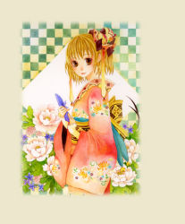 Rule 34 | 1girl, brown eyes, brown hair, checkered background, chrysanthemum, earrings, floral print, flower, from side, furoshiki, hair ornament, holding, japanese clothes, jewelry, kimono, looking at viewer, obi, sash, short hair, solo