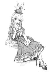 Rule 34 | 1girl, 80isiiii, book, collarbone, dress, full body, greyscale, hat, highres, kamishirasawa keine, long hair, looking at viewer, monochrome, neckerchief, open mouth, shoes, short sleeves, simple background, smile, socks, solo, tokin hat, touhou, white background