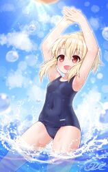 Rule 34 | 1girl, :d, alternate hairstyle, animal ears, arms up, blonde hair, blue one-piece swimsuit, blue school swimsuit, blue skirt, breasts, commentary request, commission, covered navel, cropped shirt, fate/kaleid liner prisma illya, fate (series), highres, illyasviel von einzbern, j2l, lens flare, ocean, old school swimsuit, one-piece swimsuit, open mouth, pixiv commission, playing sports, rabbit ears, school swimsuit, sidelocks, skin tight, skirt, small breasts, smile, solo, swimsuit, volleyball, wading