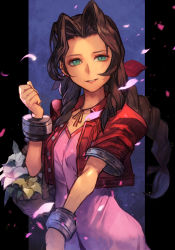 Rule 34 | 1girl, aerith gainsborough, basket, braid, breasts, brown hair, dark background, dress, final fantasy, final fantasy vii, flower, flower basket, forehead, green eyes, hungry clicker, jacket, looking at viewer, medium breasts, parted lips, petals, pink dress, red jacket, smile, solo, square enix, traditional media, twin braids
