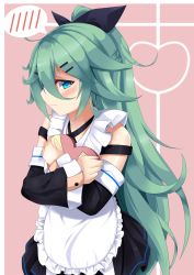 Rule 34 | 10s, 1girl, 3:, ahoge, apron, blue eyes, candy, carrying, chocolate, chocolate heart, commentary request, detached sleeves, food, green hair, hair between eyes, hair ornament, hair ribbon, hairclip, heart, highres, kantai collection, long hair, looking at viewer, peta (taleslove596), pleated skirt, ribbon, school uniform, serafuku, skirt, solo, spoken blush, valentine, yamakaze (kancolle)