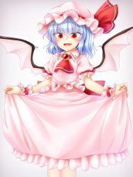 Rule 34 | 1girl, :d, bat wings, blue hair, blush, child, closed mouth, clothes lift, fang, female focus, hat, highres, lifted by self, marukyuu ameya, open mouth, pink hat, pink skirt, red eyes, remilia scarlet, short hair, skirt, skirt lift, smile, solo, standing, touhou, wings, wrist cuffs