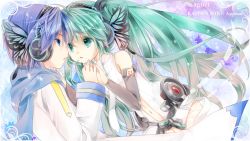 Rule 34 | 1boy, 1girl, aqua eyes, aqua hair, blue eyes, blue hair, blue scarf, breasts, center opening, hachimitsu (127032), hatsune miku, hatsune miku (append), headphones, highres, kaito (vocaloid), long hair, looking at another, magnet (vocaloid), nail polish, necktie, parted lips, scarf, twintails, very long hair, vocaloid, vocaloid append