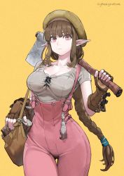 Rule 34 | 1girl, absurdres, axe, bag, braid, breasts, brown gloves, brown hair, elf, expressionless, fingerless gloves, gloves, hat, highres, holding, holding axe, jun (navigavi), long hair, looking at viewer, original, overalls, pink eyes, pointy ears, simple background, solo, wide hips, wood, yellow background